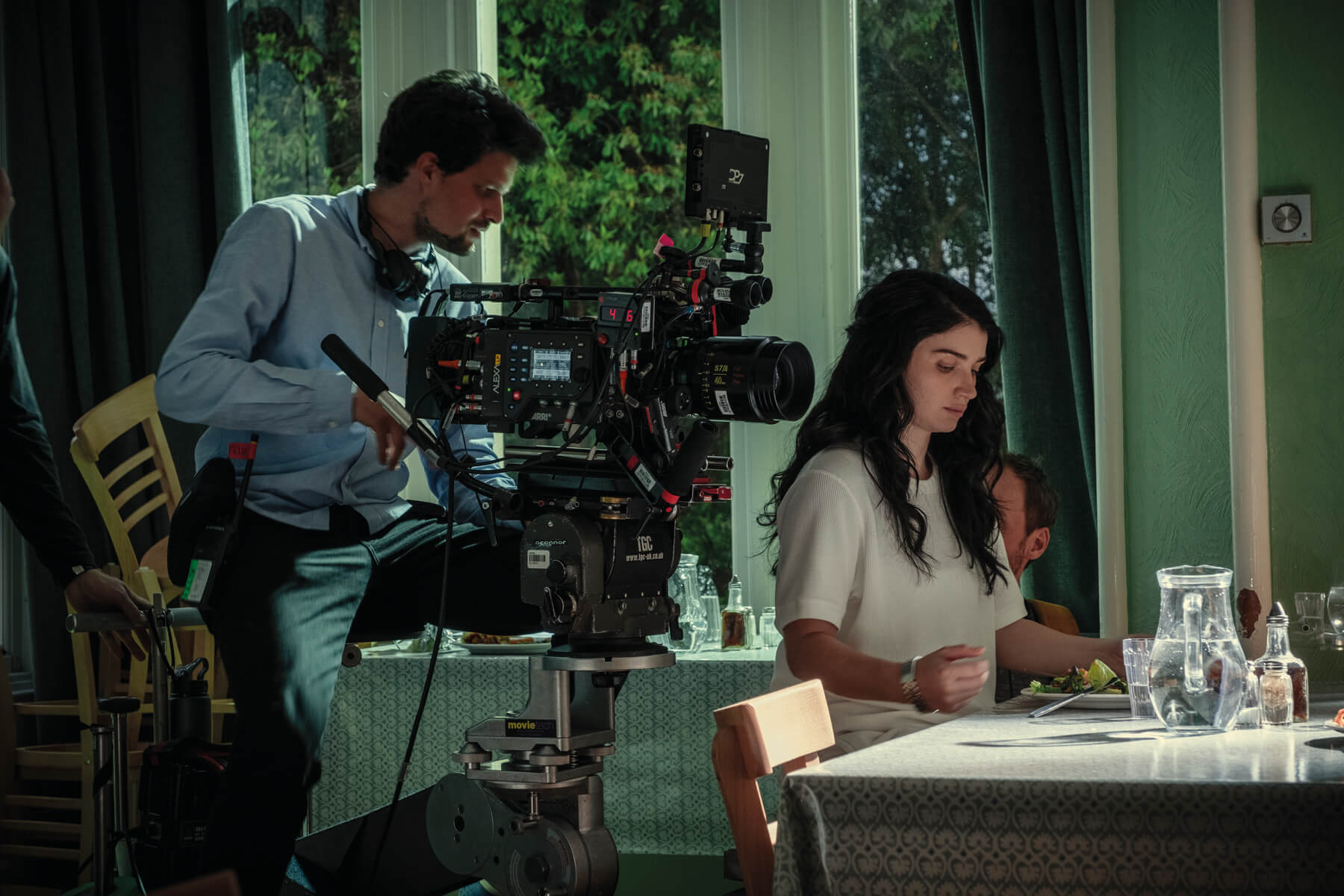 DOP Felix Wiedemann prepares to film Eve Hewson on set of Behind Her Eyes