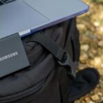 Samsung Portable SSD T7 Touch on camera rucksack