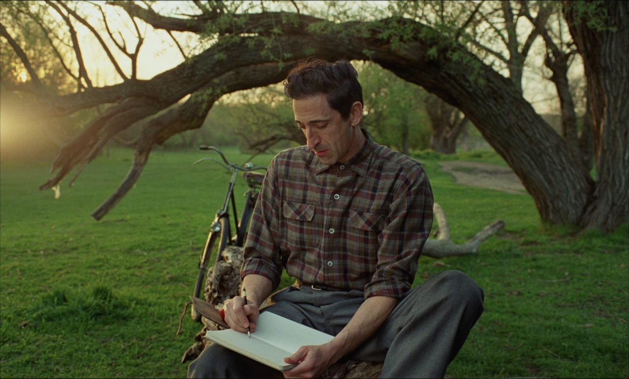 A man sits in a green field in front of a large tree drawing blueprints