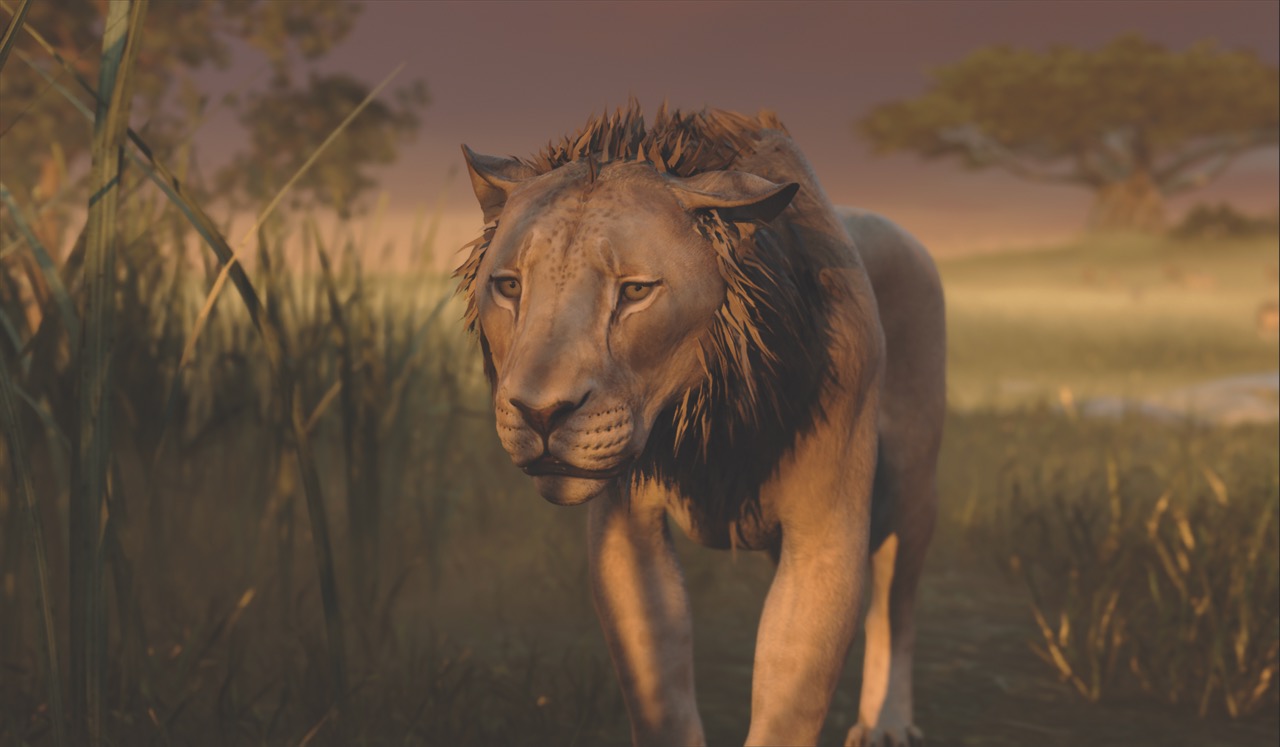 A simulated lion walking in the grass