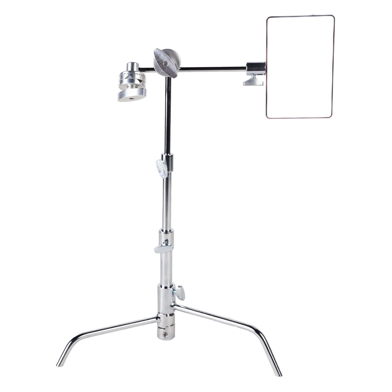 A silver stand with a rectangle attached to one side showing the latest gear from Matthews Studio Equipment