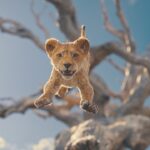 An animated llion cub jumping from a tree