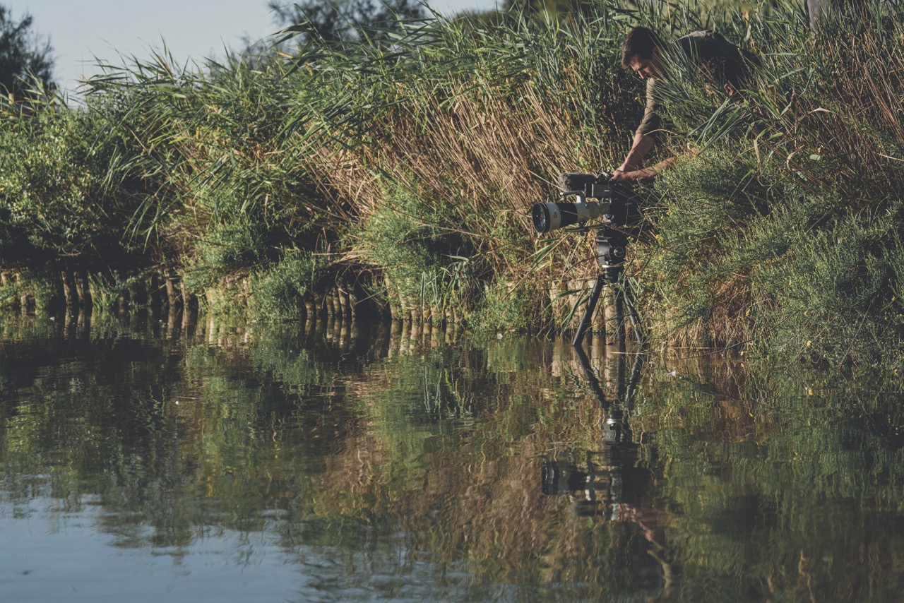 A camera placed in a water in front of a forested bank showing the latest gear from Burano