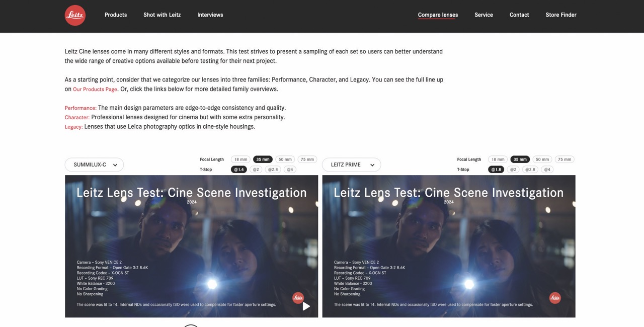 A screenshot of a webpage showing lets Cine lenses