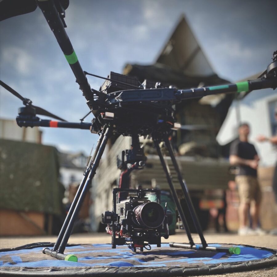 A dronewith a camera attached on a round mat