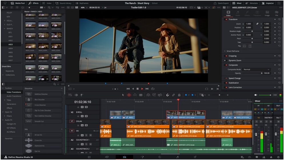 A screenshot of a video editing software with two people chatting on a wooden platform