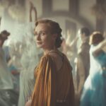 A woman in an orange robe looks over her shoulder as people dance in dresses around her