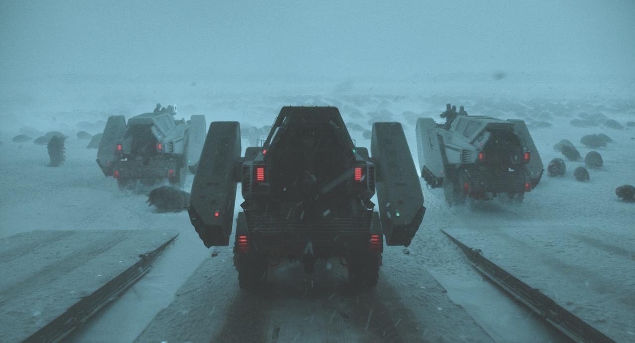 A group of sci-fi tanks driving in a snowy environment