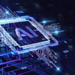 A chip that says AI with blue electrical wires extending from it