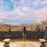 A grilled stands at large patio balcony looking over a sunset. The sky is blue with pink clouds