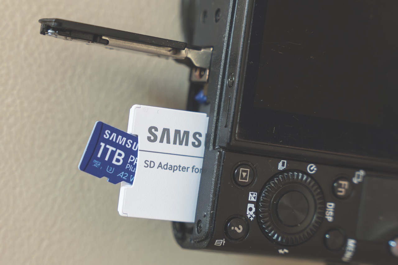A small white adapter poking out of a caerma with a smaller SD card appearing from that