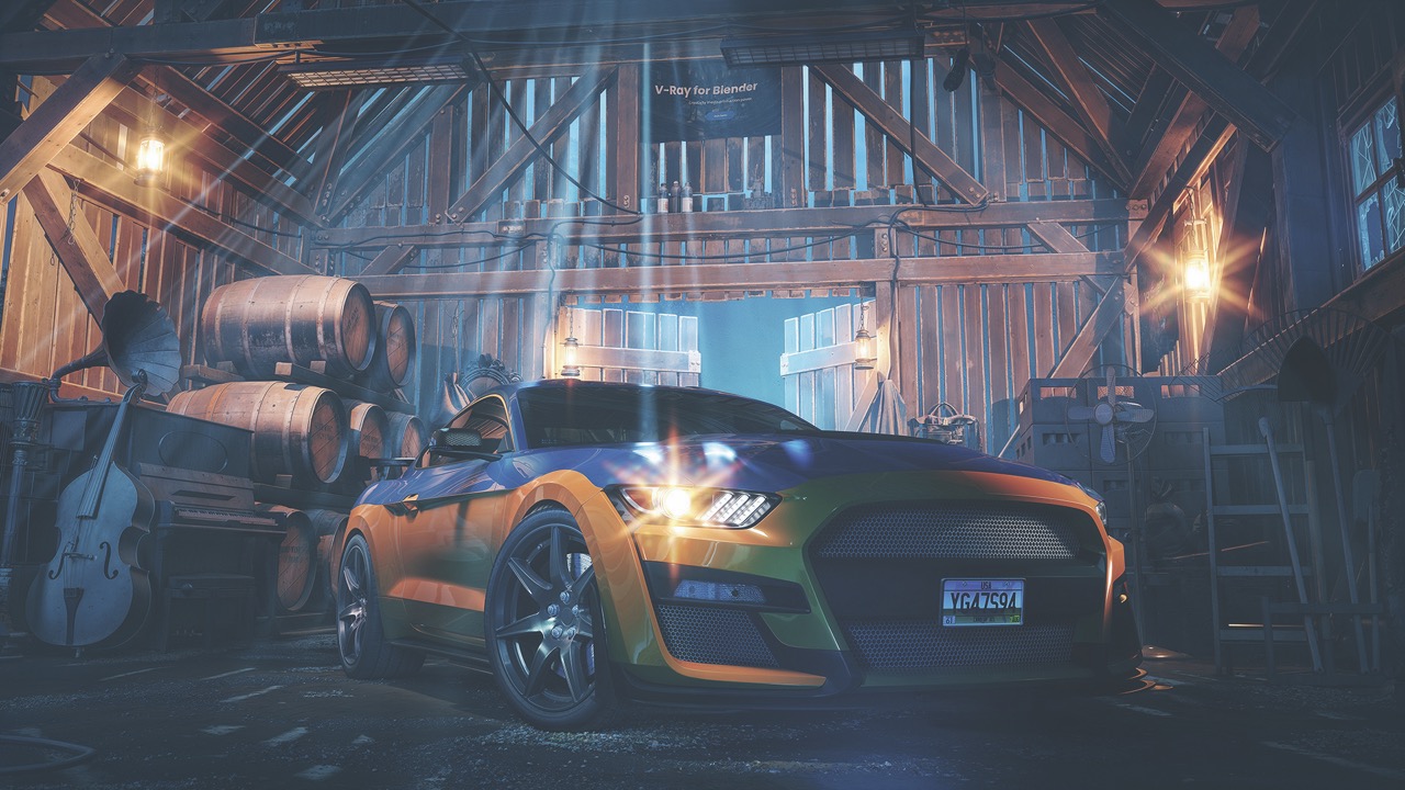 A sleek grey and orange car sitting in a wooden barn next to barrels at nighttime