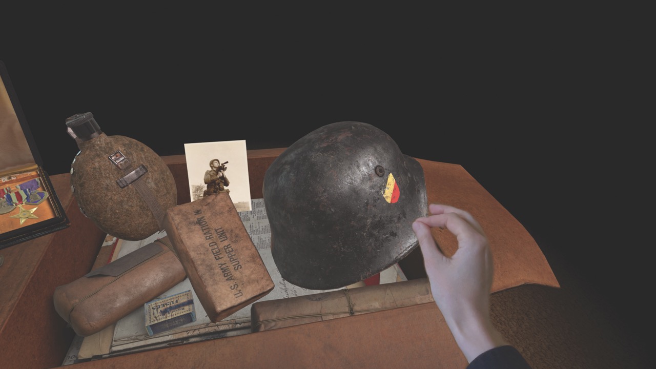 A realistic animation of a hand picking up a helmet amongst other items on a table