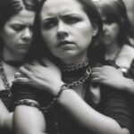 A black-and-white photo of a group of girls with concerned looks holding each others' shoulder