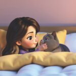 An animation of a young girl in a bed cuddling a cat
