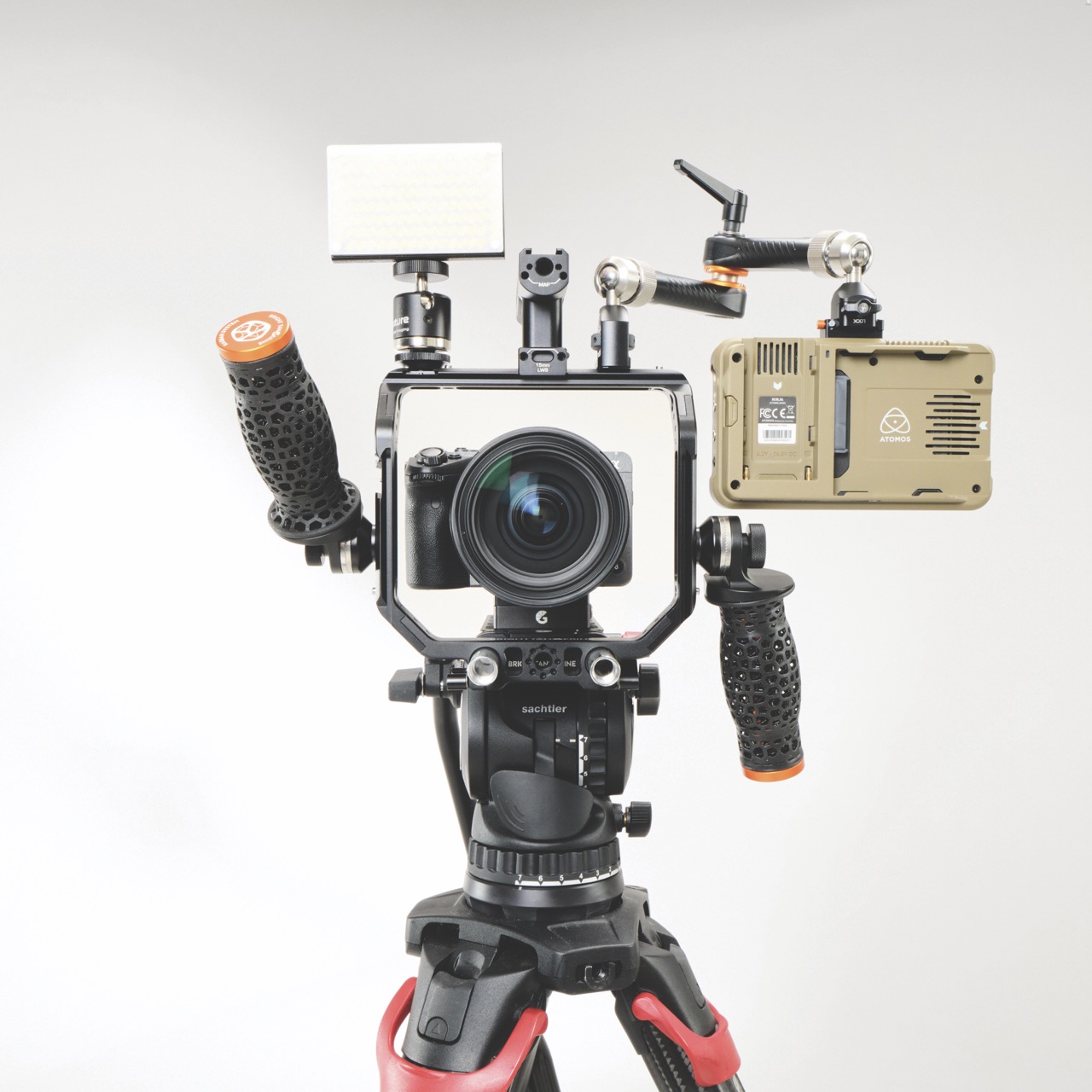 Bright Tangerine's universal camera cage with a monitor and camera attached