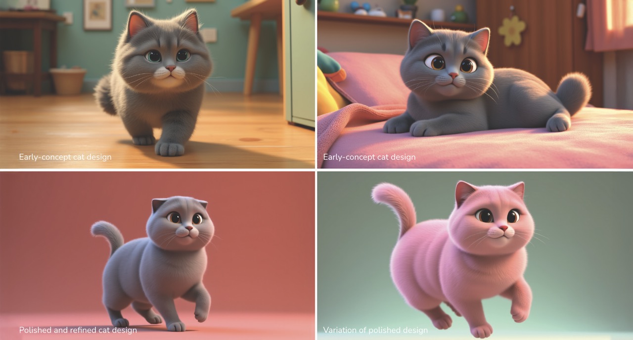 A grid showing four early concept cat designs for an animation