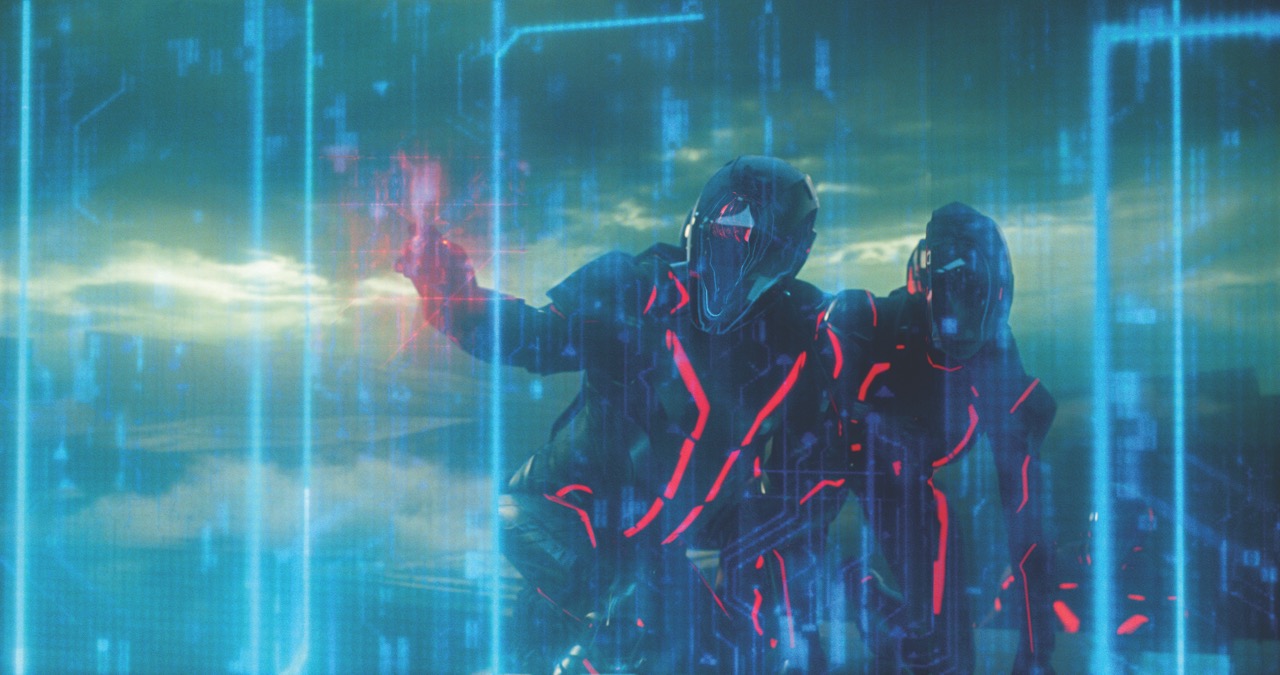 A still from Tron: Ares showing a two people wearing suits against an LED screen