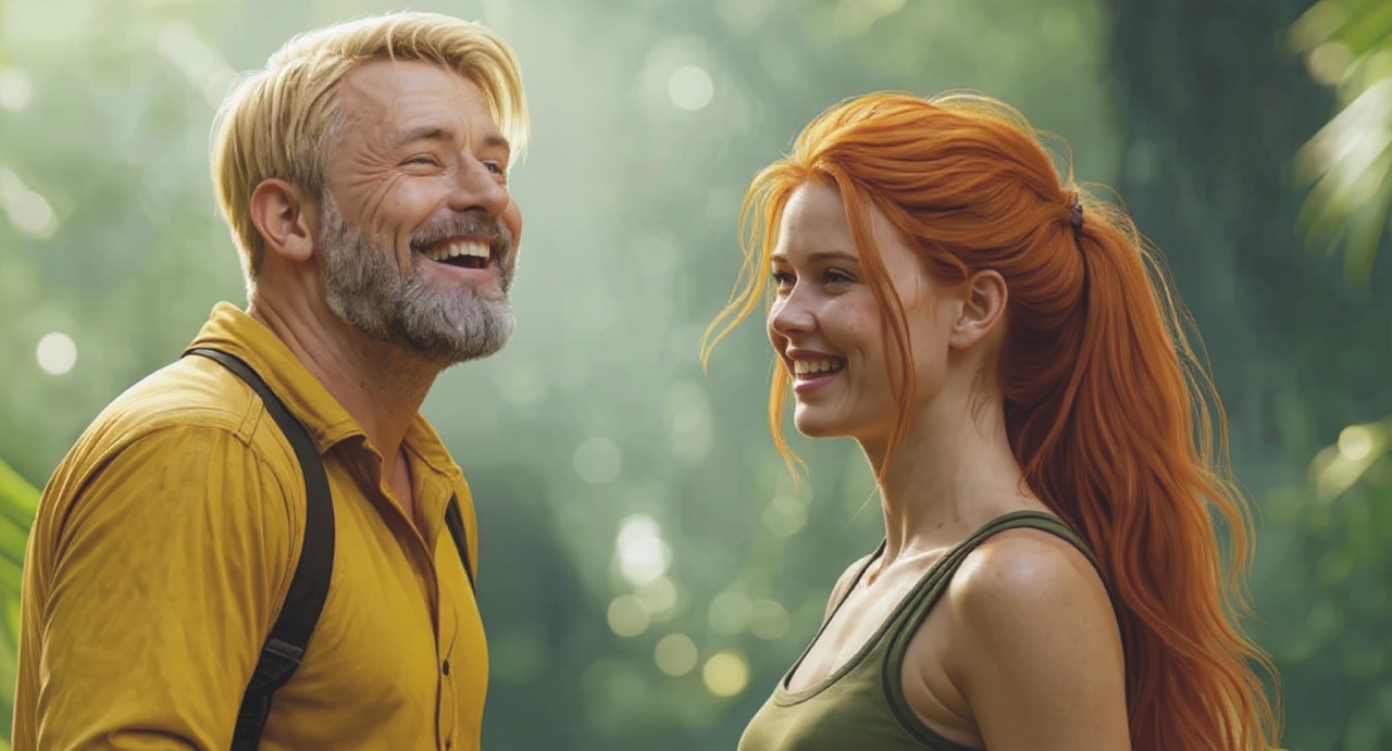 An image of a man and woman standing and smiling in a forest