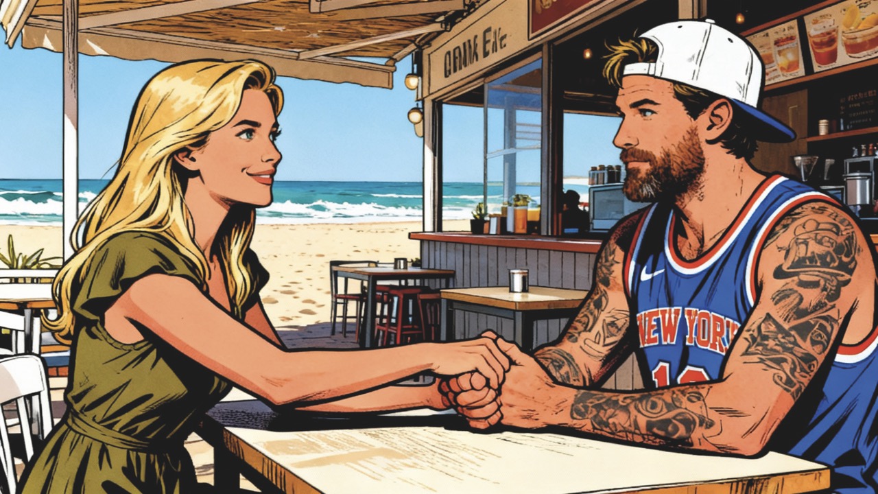 A drawn image of a man and woman sitting at a beach bar while holding hands