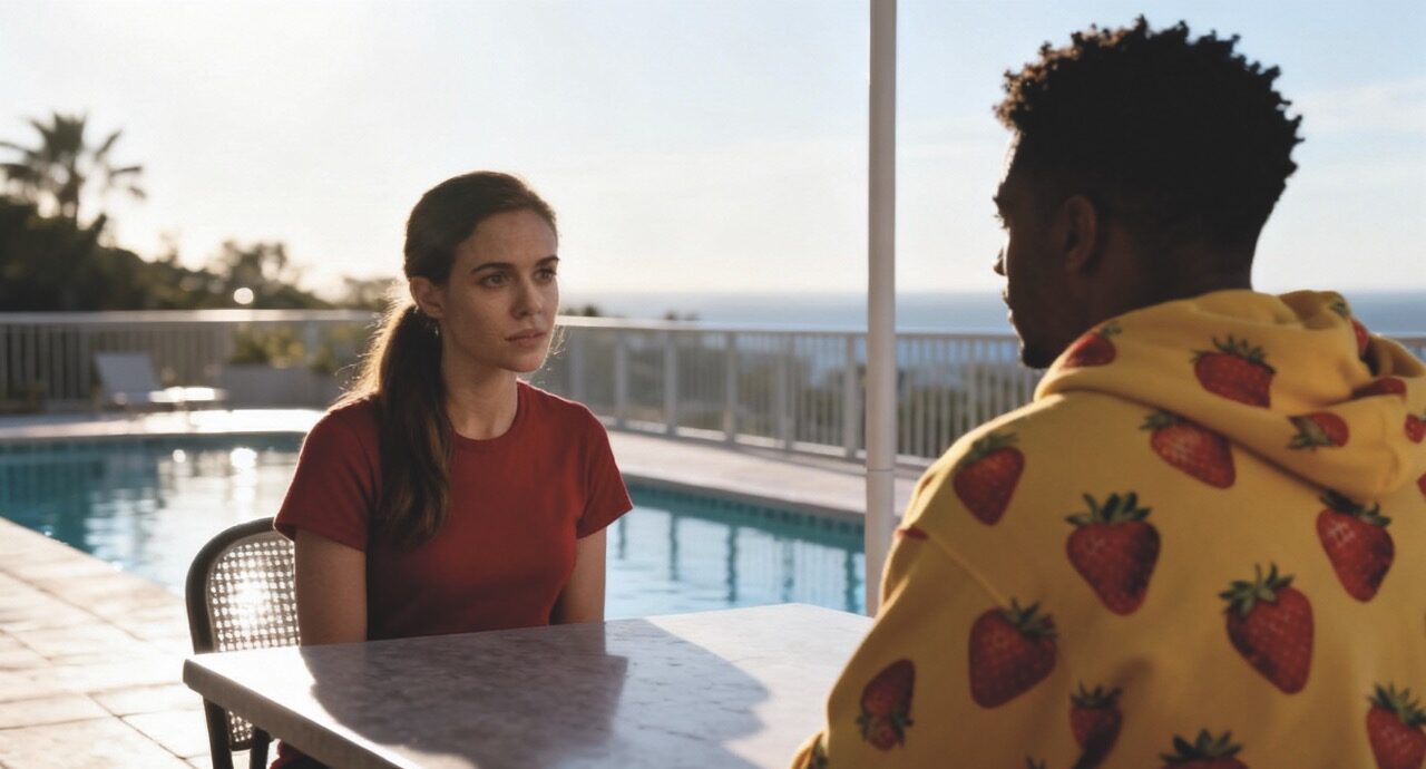 An image of a man and woman sitting opposite each other at a table outside near a swimming pool