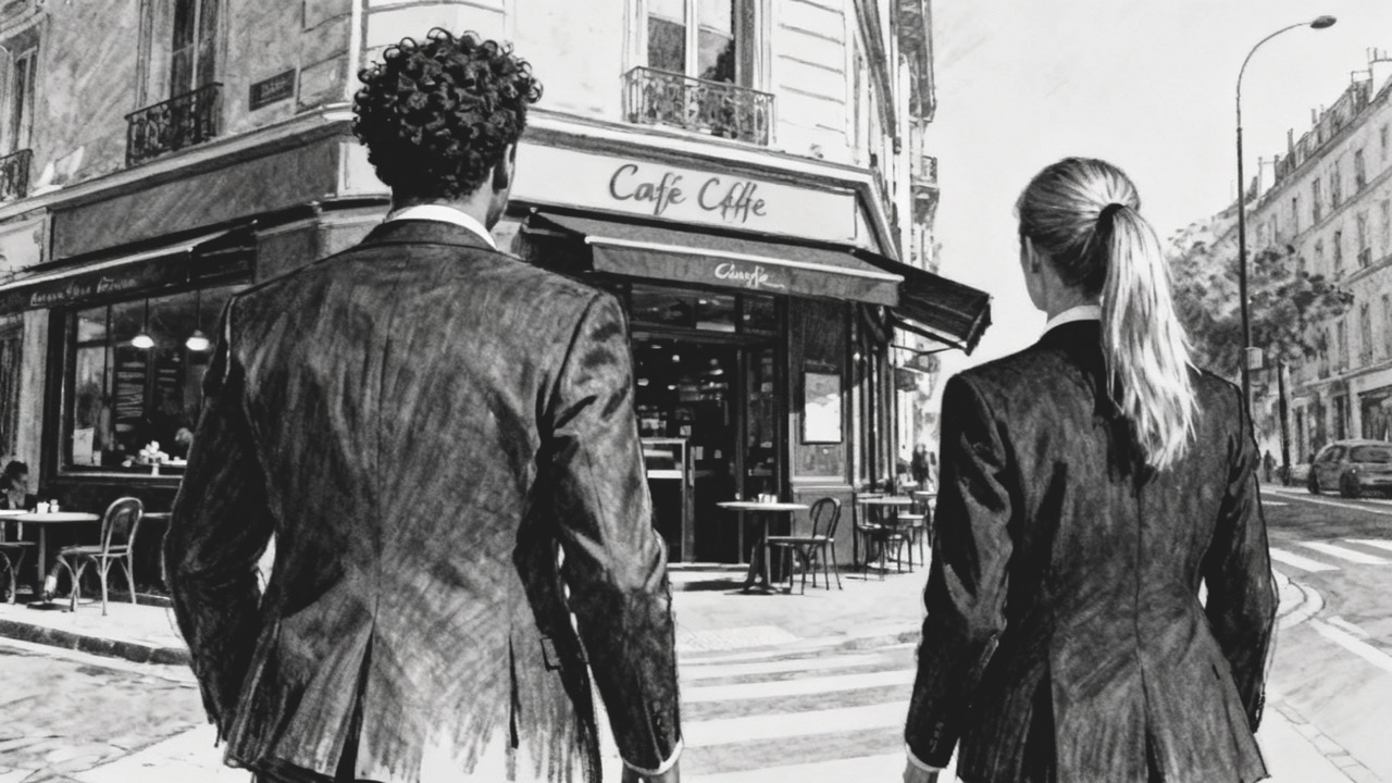 A black and white sketch of a man and woman in suits standing outside a cafe on the corner of a street