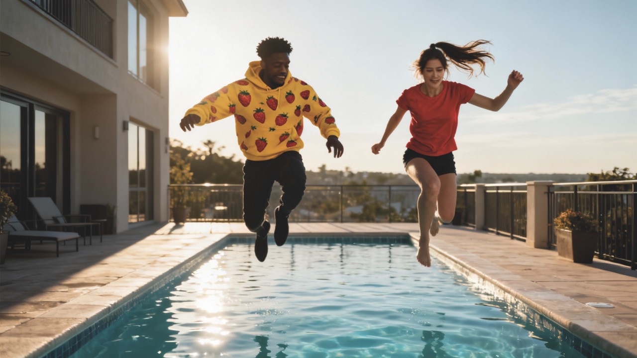A man and woman jumping into a swimming pool fully-clothed