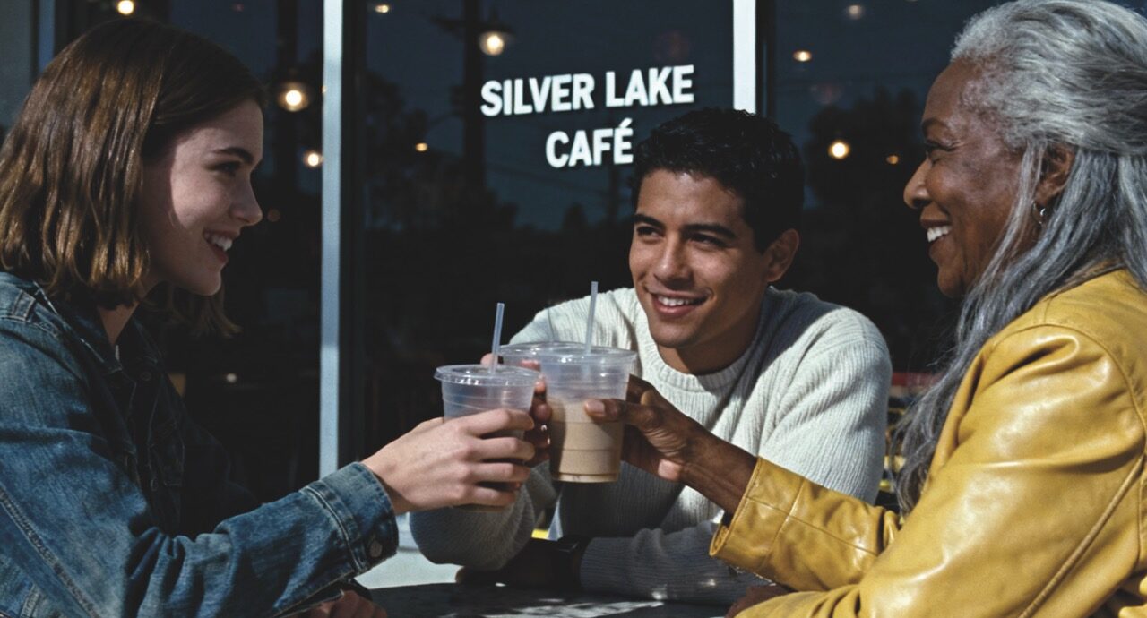 An image of a group of three friends cheering their glasses together at a cafe