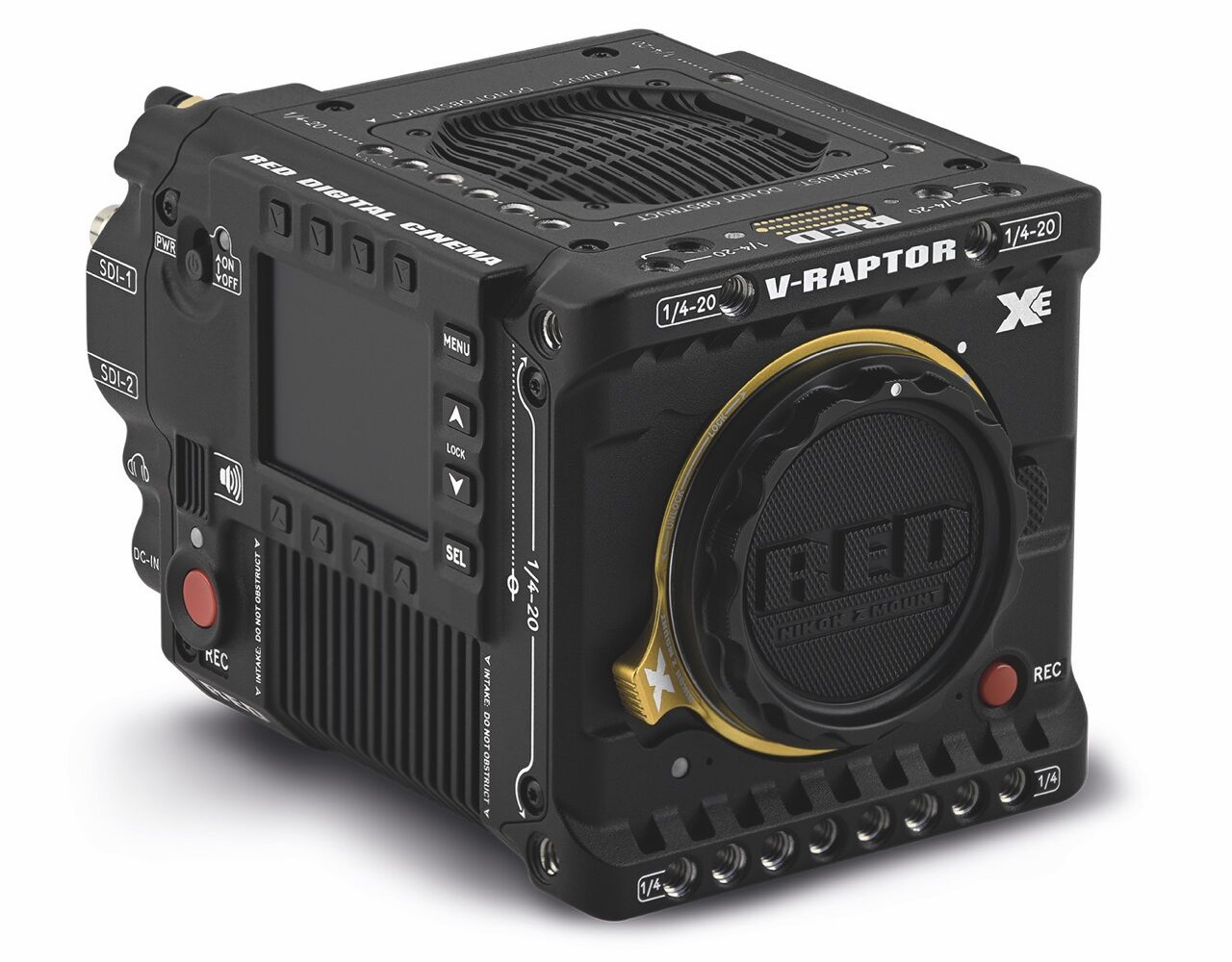 A square camera from RED with a closed lens, facing the diagonal, against a white background