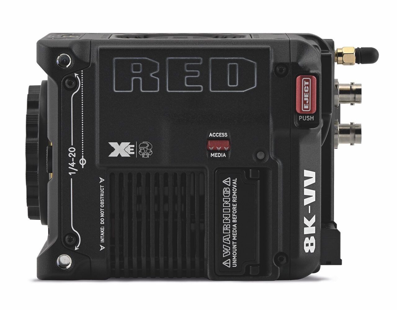 A square camera from RED with the lens at the side, against a white background