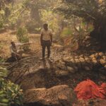 Two actors standing in a sunlit glade in a fantastical forest