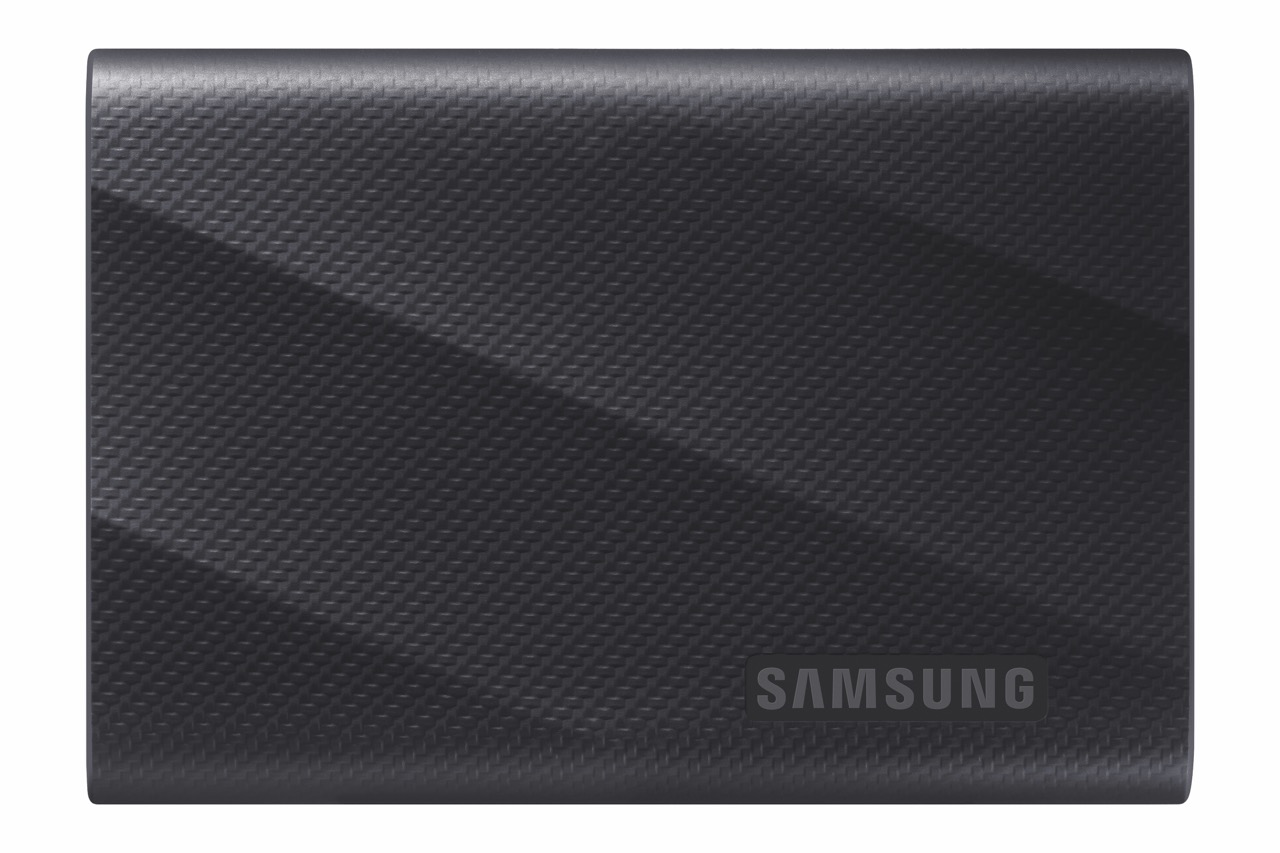 A black, textured portable SSD from Samsung, against a white background