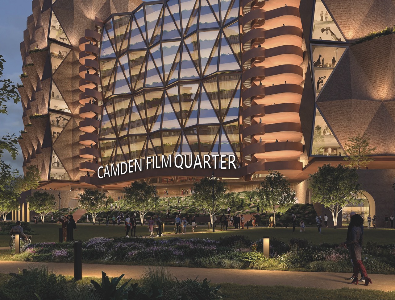 A new Camden Film Quarter is in the planning permission stages A modern building for Camden Film Quarter made of metal and glass in a city at dusk