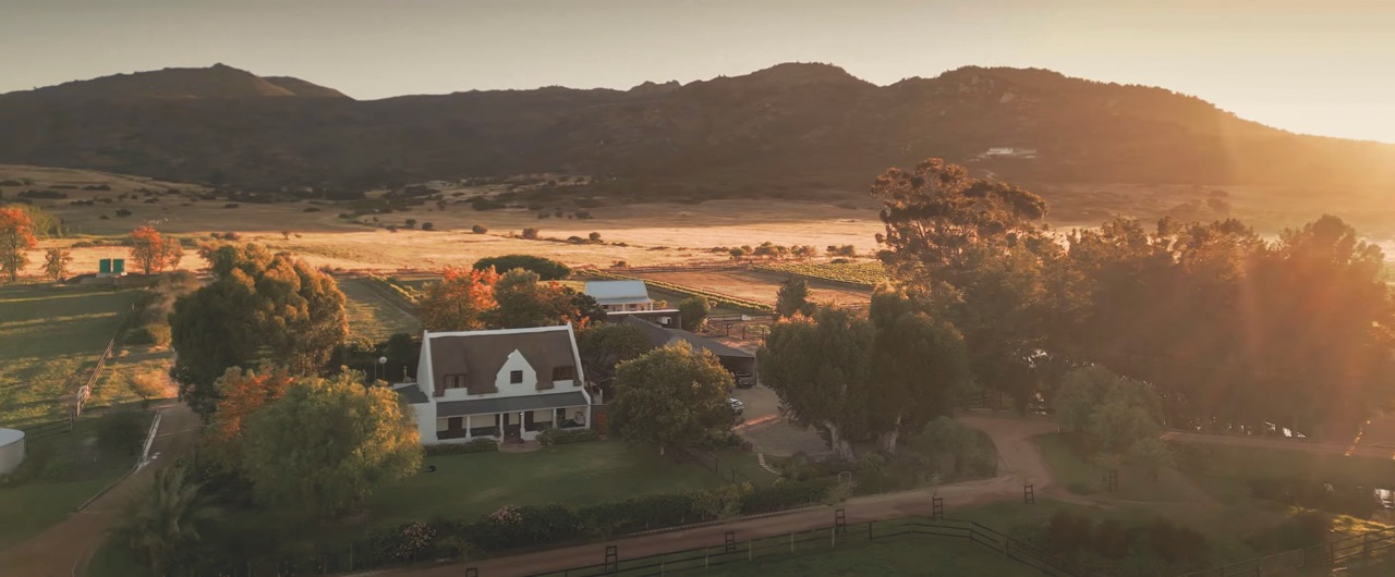 A landscape with a large house surrounded by trees and mountains in the background