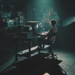 A person working on three vintage computers in a small, industrial room