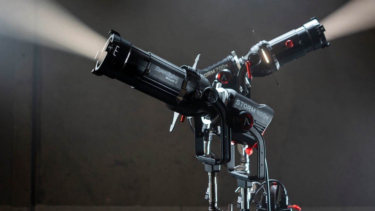 Two lights from Aputure facing different directions with one placed in front of the other